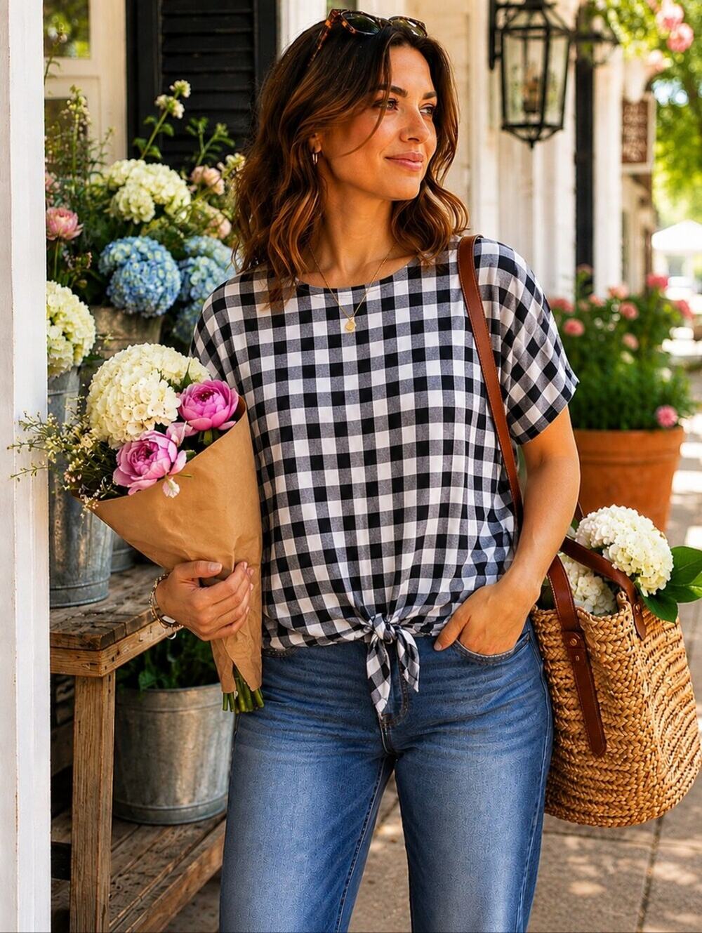 Madewell Gingham Tie Front Blouse, Button Back, Short Sleeve Top, Large